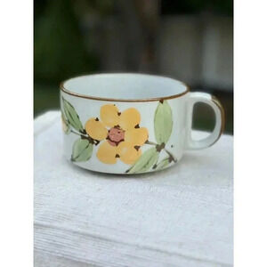 Vintage Stoneware Speckled Soup Mug Coffee Orange Yellow Flower Large 12oz EUC